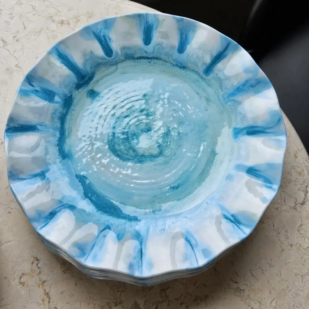 Pier 1 One Imports Marble Wave Turquoise Melamine Coastal Tie Dye Plate Set of 4